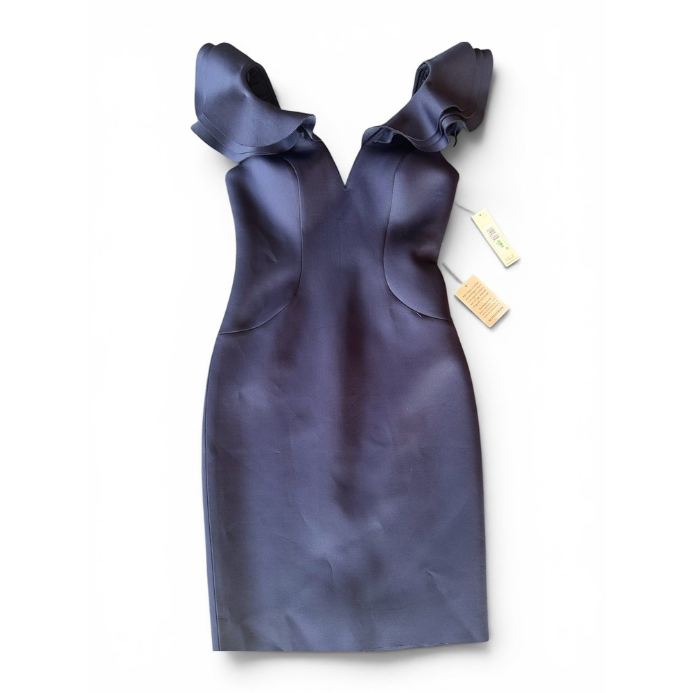 Eliza J Navy Ruffle Off The Shoulder V-Neck Sheath Cocktail Dress 8 EJ0M3287